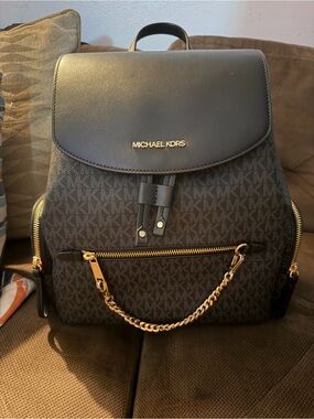 Michael Kors Black and Dark Brown Logo Backpack with Gold Hardware